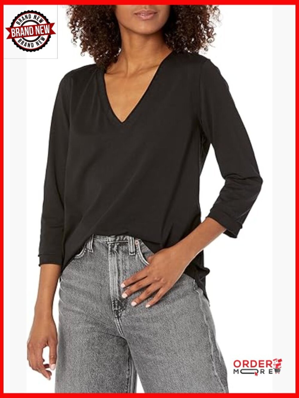 ¾ Sleeve V-Neck T-Shirt with Contrast Stitching
